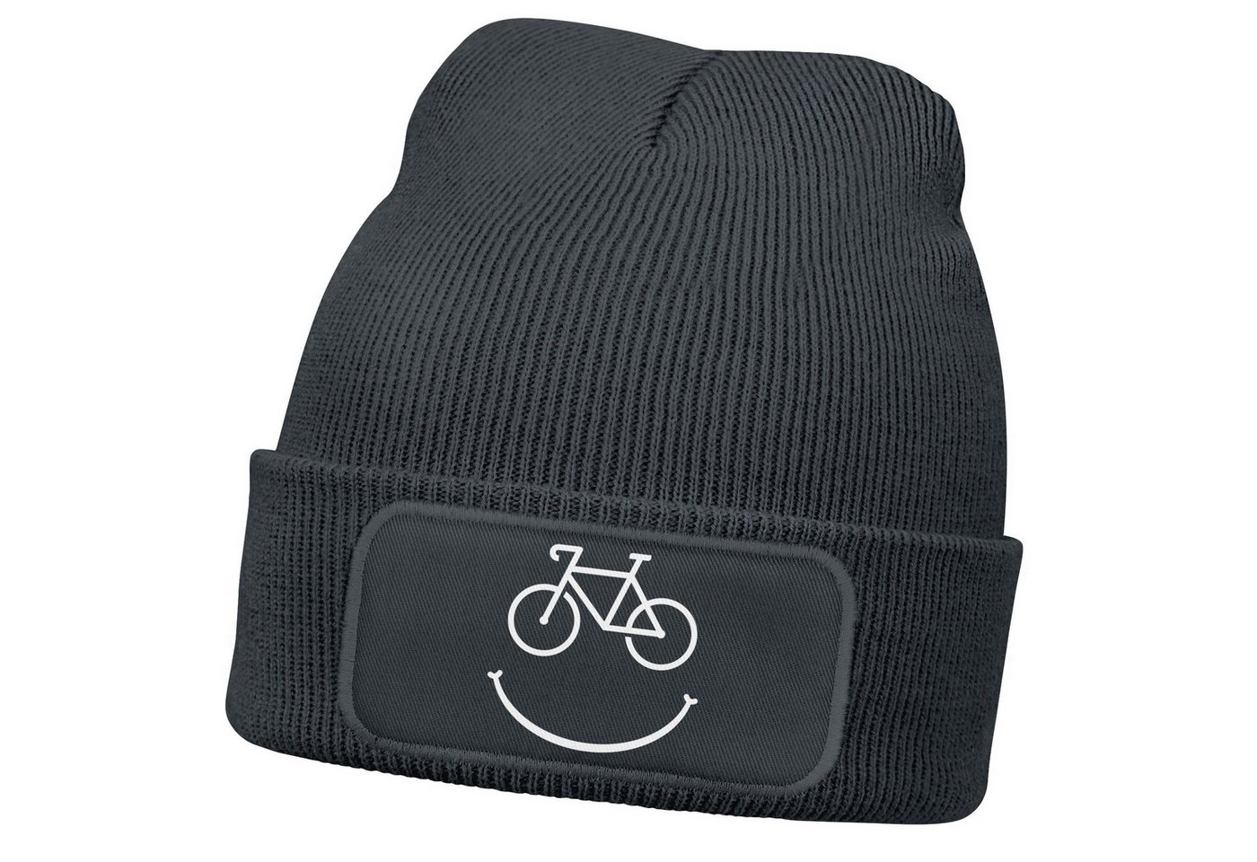 MoonWorks Beanie Herren Beanie mit Patch Strickmütze mit Spruch Aufdruck Fahrrad Smile von MoonWorks