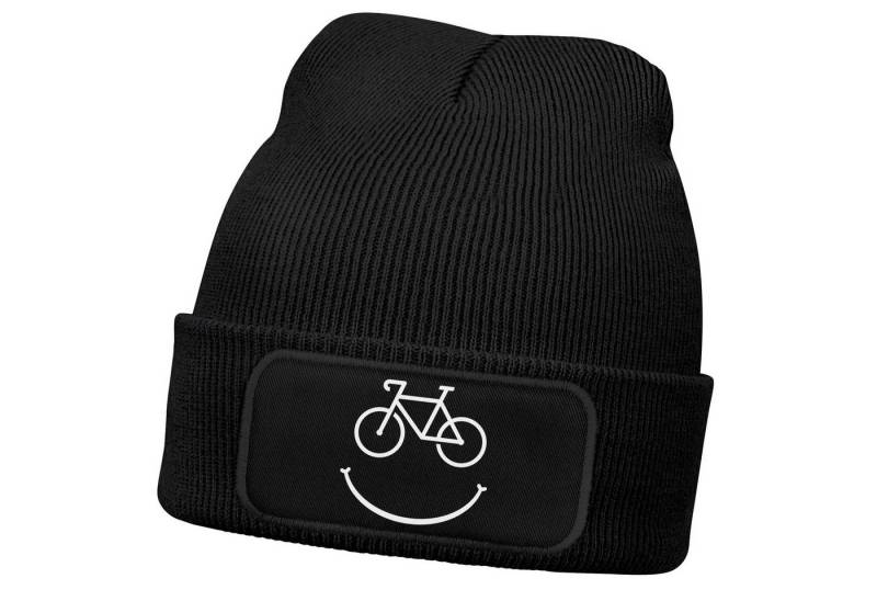 MoonWorks Beanie Herren Beanie mit Patch Strickmütze mit Spruch Aufdruck Fahrrad Smile von MoonWorks