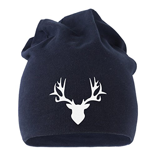 MoonWorks Coole Beanie aus weichem Jersey mit Hirsch Geweih, Bedruckte Mütze für Herren und Damen, Navy Unisize von MoonWorks