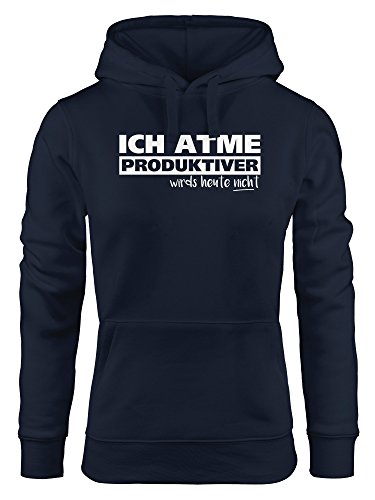 MoonWorks Damen Hoodie mit Spruch Ich atme produktiver Wird`s Heute Navy M von MoonWorks