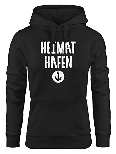 MoonWorks Damen Kapuzen-Pullover Heimat-Hafen Anker Hoodie schwarz L von MoonWorks