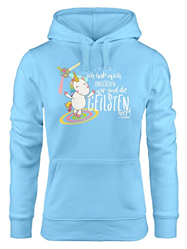 MoonWorks Damen Kapuzen-Pullover Ich hab Mich umgesehen wir sind die geilsten Hier Einhorn Party Disco hellblau M von MoonWorks