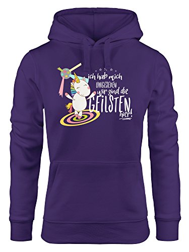 MoonWorks Damen Kapuzen-Pullover Ich hab Mich umgesehen wir sind die geilsten Hier Einhorn Party Disco lila XL von MoonWorks