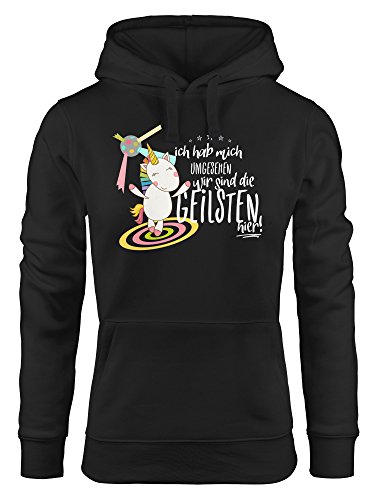 MoonWorks Damen Kapuzen-Pullover Ich hab Mich umgesehen wir sind die geilsten Hier Einhorn Party Disco schwarz S von MoonWorks