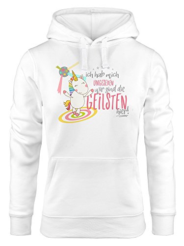 MoonWorks Damen Kapuzen-Pullover Ich hab Mich umgesehen wir sind die geilsten Hier Einhorn Party Disco weiß M von MoonWorks