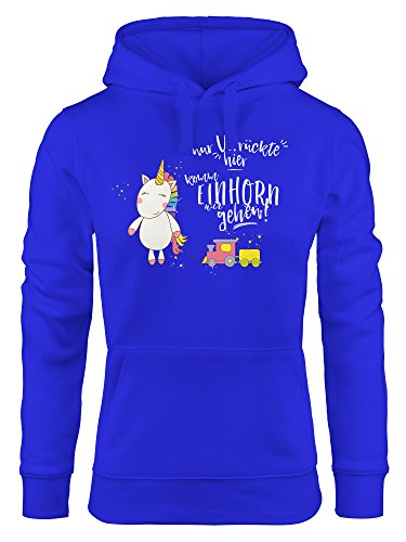 MoonWorks Damen Kapuzen-Pullover Nur Verrückte Hier komm Einhorn wir gehen blau M von MoonWorks