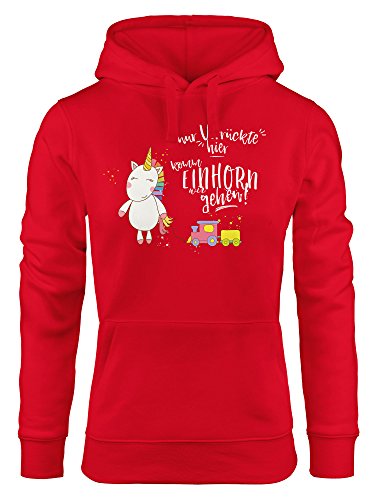 MoonWorks Damen Kapuzen-Pullover Nur Verrückte Hier komm Einhorn wir gehen rot S von MoonWorks