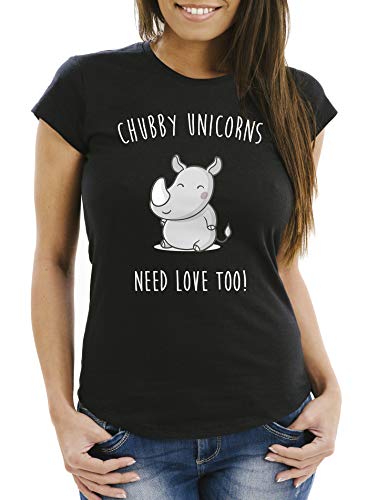 MoonWorks Damen T-Shirt Chubby Unicorns Need Love Too Nashorn Einhorn Spruch Slim Fit schwarz M von MoonWorks