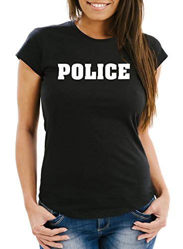 MoonWorks Damen T-Shirt Fasching Police Polizei Polizistin Faschings-Shirt Kostüm Verkleidung Karneval Fun-Shirt schwarz S von MoonWorks