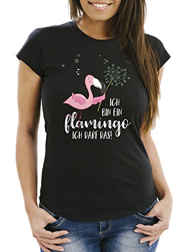 MoonWorks Damen T-Shirt Flamingo Ich Bin EIN Flamingo ich darf das Spruch Pusteblume Slim Fit tailliert Baumwolle schwarz L von MoonWorks