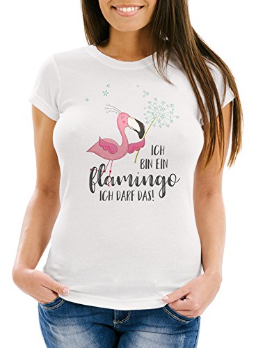 MoonWorks Damen T-Shirt Flamingo Ich Bin EIN Flamingo ich darf das Spruch Pusteblume Slim Fit tailliert Baumwolle weiß-grau XXL von MoonWorks