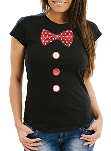 MoonWorks Damen T-Shirt Fliege Knöpfe Schleife Clown Fasching Fastnacht Karneval Kostüm Slim Fit schwarz L von MoonWorks