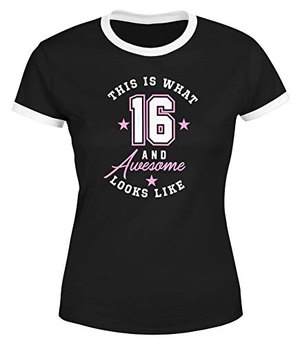 MoonWorks Damen T-Shirt Geburtstag This is What 16 and Awesome Looks Like Sechzehn Geschenk Trikot Retro schwarz-weiß S von MoonWorks