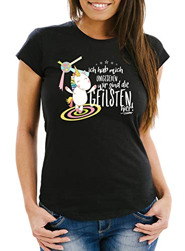 MoonWorks Damen T-Shirt Ich hab Mich umgesehen wir sind die geilsten Hier Einhorn Party Disco Slim Fit schwarz L von MoonWorks