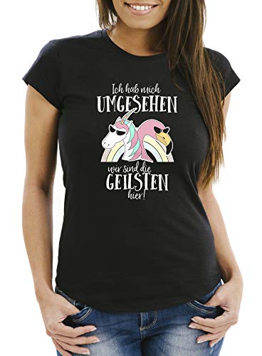 MoonWorks Damen T-Shirt Ich hab Mich umgesehen wir sind die geilsten Hier Flamingo Einhorn Slim Fit schwarz M von MoonWorks