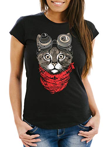 MoonWorks Damen T-Shirt Katze Cat Steampunk Slim Fit schwarz XL von MoonWorks