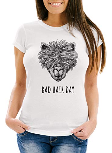 MoonWorks Damen T-Shirt Lama Bad Hair Day Spruch Statement Fun-Shirt Slim Fit weiß XXL von MoonWorks