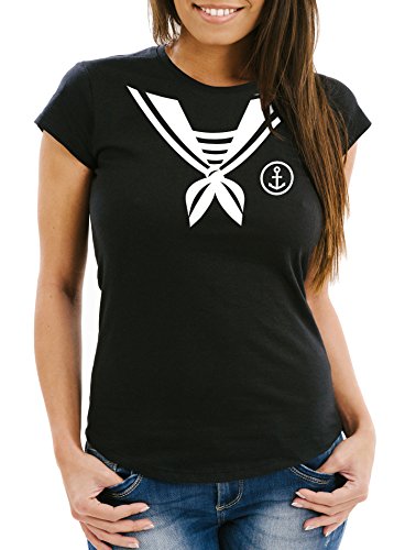 MoonWorks Damen T-Shirt Matrose Matrosin Sailor Fasching Fastnacht Kostüm Karneval Verkleidung lustig Slim Fit schwarz XXL von MoonWorks