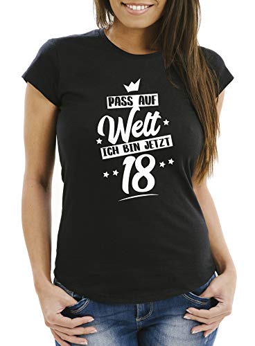 MoonWorks Damen T-Shirt Pass auf Welt ich Bin jetzt 18 Fun-Shirt Geschenk-Shirt 18. Geburtstag Volljährigkeit Slim Fit schwarz S von MoonWorks