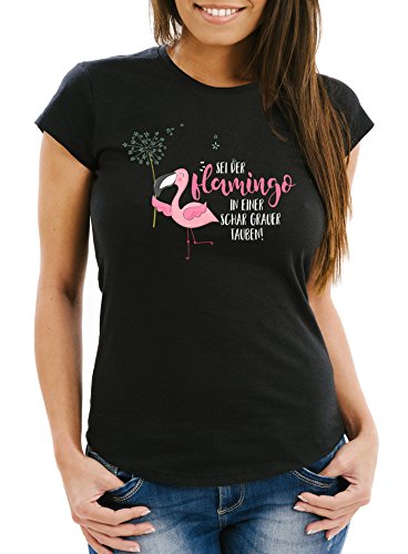 MoonWorks Damen T-Shirt sei der Flamingo in Einer Schar Grauer Tauben Slim Fit Spruch Flamingo Pusteblume schwarz XXL von MoonWorks