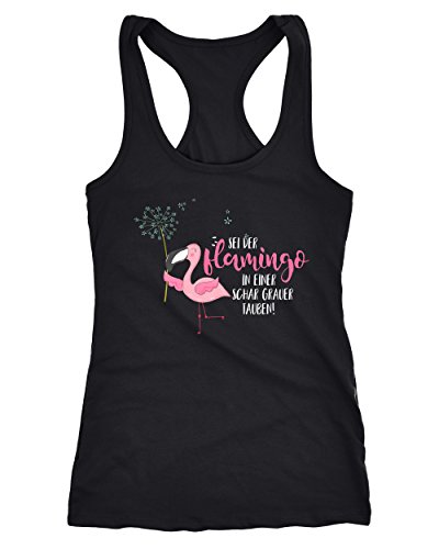 MoonWorks Damen Tanktop sei der Flamingo in Einer Schar Grauer Tauben Flamingo Pusteblume schwarz S von MoonWorks