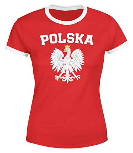 MoonWorks Damen WM-Shirt WM Polska Polen Poland Flagge World Cup Weißer Adler WM 2018 rot-weiß-Farbe L von MoonWorks