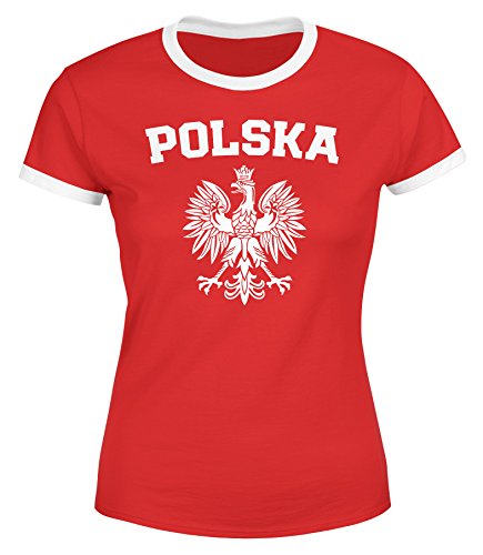 MoonWorks Damen WM-Shirt WM Polska Polen Poland Flagge World Cup Weißer Adler WM 2018 rot-weiß S von MoonWorks