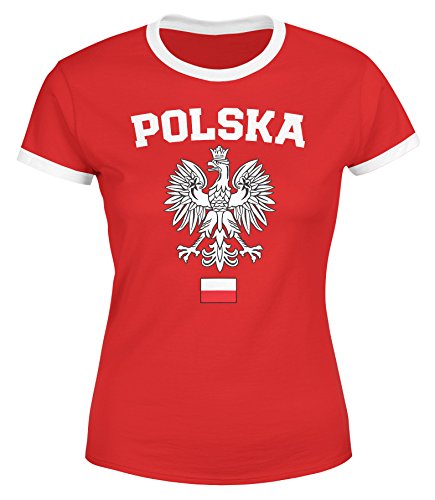 MoonWorks Damen WM-Shirt WM Polska Polen Poland Flagge World Cup Weißer Adler WM 2018 rot-weiß-schwarz M von MoonWorks