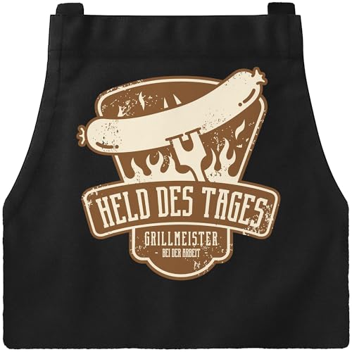 MoonWorks Grill-Schürze für Männer Held das Tages Grillemeister Spruch Grillen Wurst Würstchen Baumwolle schwarz unisize von MoonWorks