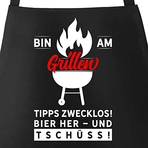 MoonWorks Grillschürze für Männer mit Spruch - Bin am Grillen - Schürze zum Grillen Baumwolle mit Tasche schwarz unisize von MoonWorks