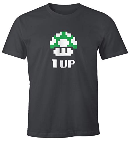 MoonWorks Herren T-Shirt Geburtstag Retro Pixel-Pilz 1-Up-Pilz Level-Up Gaming Konsole 90er Fun-Shirt dunkelgrau L von MoonWorks