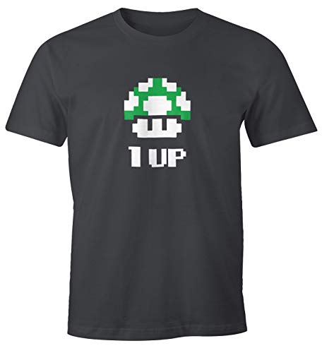MoonWorks Herren T-Shirt Geburtstag Retro Pixel-Pilz 1-Up-Pilz Level-Up Gaming Konsole 90er Fun-Shirt dunkelgrau XXL von MoonWorks