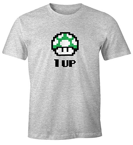 MoonWorks Herren T-Shirt Geburtstag Retro Pixel-Pilz 1-Up-Pilz Level-Up Gaming Konsole 90er Fun-Shirt grau-meliert L von MoonWorks