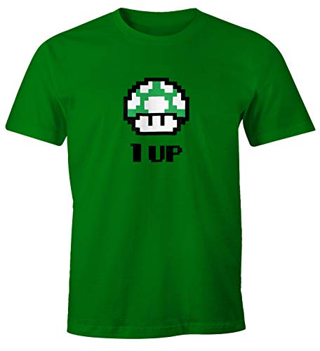 MoonWorks Herren T-Shirt Geburtstag Retro Pixel-Pilz 1-Up-Pilz Level-Up Gaming Konsole 90er Fun-Shirt grün L von MoonWorks