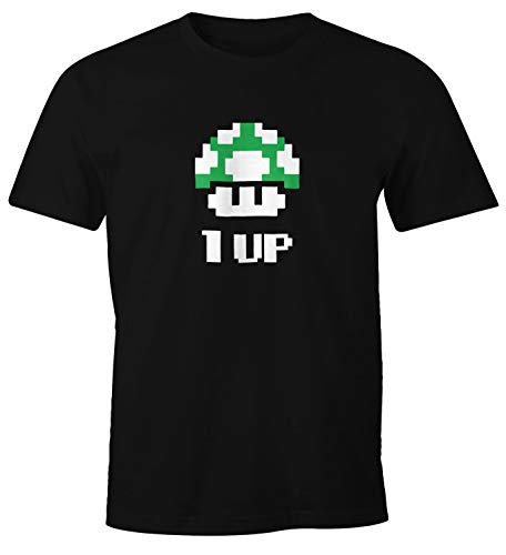 MoonWorks Herren T-Shirt Geburtstag Retro Pixel-Pilz 1-Up-Pilz Level-Up Gaming Konsole 90er Fun-Shirt schwarz L von MoonWorks