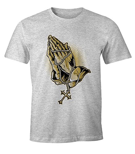 MoonWorks Herren T-Shirt - Hands of Pray Gebet Betende Hände Rosenkranz grau XXL von MoonWorks