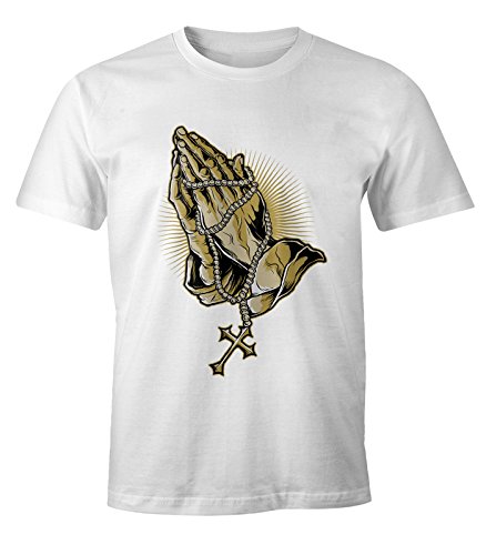 MoonWorks Herren T-Shirt - Hands of Pray Gebet Betende Hände Rosenkranz weiß 4XL von MoonWorks