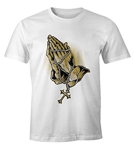 MoonWorks Herren T-Shirt - Hands of Pray Gebet Betende Hände Rosenkranz weiß XL von MoonWorks