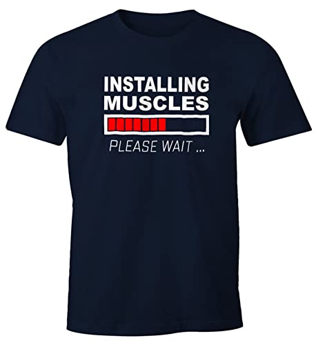 MoonWorks Herren T-Shirt Installing Muscles Please Wait Fitness Gym Bodybuilder Fun-Shirt Navy 3XL von MoonWorks