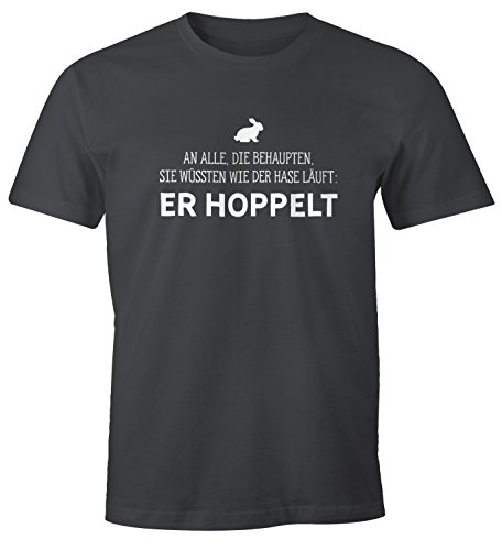 MoonWorks Herren T-Shirt Spruch an alle die wissen wie der Hase läuft - er hoppelt Fun-Shirt lustig dunkelgrau L von MoonWorks