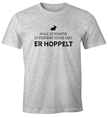 MoonWorks Herren T-Shirt Spruch an alle die wissen wie der Hase läuft - er hoppelt Fun-Shirt lustig grau-meliert L von MoonWorks