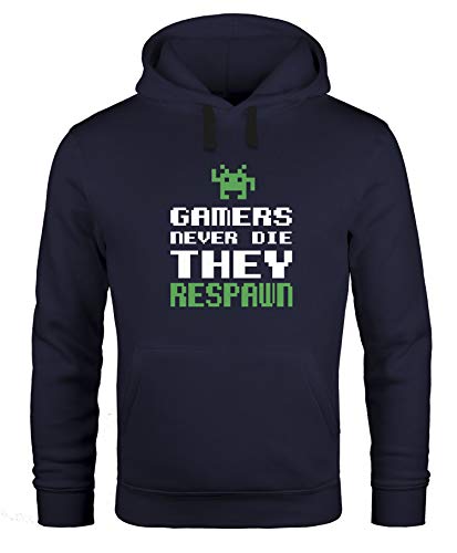 MoonWorks Hoodie Herren Gamers Never die They Respawn Spruch Pixel Zocker 90er 80er Retro Kapuzen-Pullover schwarz L von MoonWorks