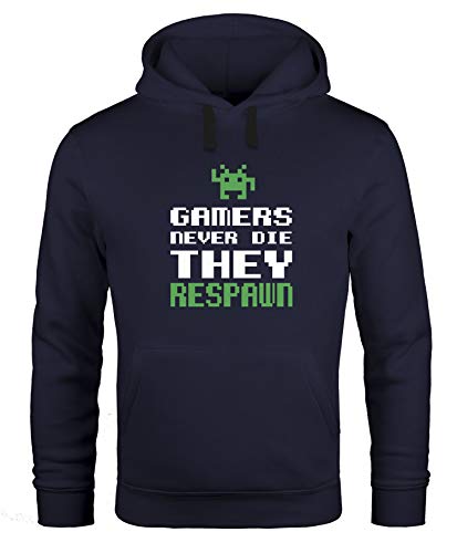 MoonWorks Hoodie Herren Gamers Never die They Respawn Spruch Pixel Zocker 90er 80er Retro Kapuzen-Pullover schwarz XS von MoonWorks