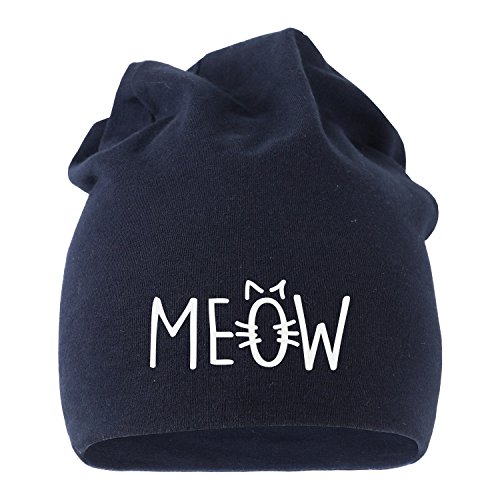 MoonWorks Jersey Beanie Katze Meow MIAU Cat Mütze Bedruckt Herren Damen Navy Unisize von MoonWorks