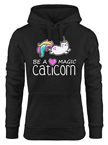 MoonWorks Kapuzen-Pullover Damen Be a Magic Caticorn Einhorn Hoodie Unicorn schwarz S von MoonWorks