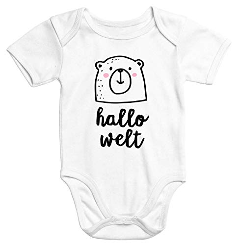 MoonWorks Kurzarm Baby-Body Hallo Welt Bär Hello World Bear Einteiler Bio-Baumwolle weiß 0-3 Monate von MoonWorks