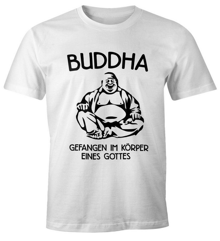MoonWorks Print-Shirt Buddha - Gefangen im Körper eines Gottes Herren T-Shirt Fun-Shirt Moonworks® mit Print von MoonWorks