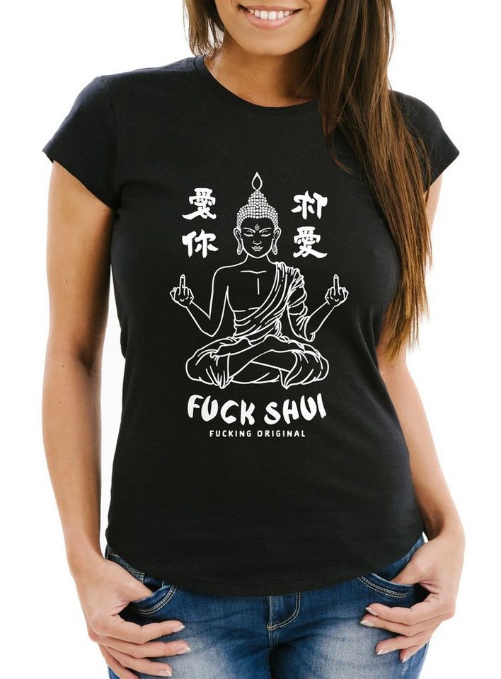 MoonWorks Print-Shirt Damen T-Shirt Buddha Motiv Fuck Shui Schriftzug Mittelfinger japanische Schriftzeichen Fun-Shirt Fashion Streetstyle Slim Fit Neverless® mit Print von MoonWorks