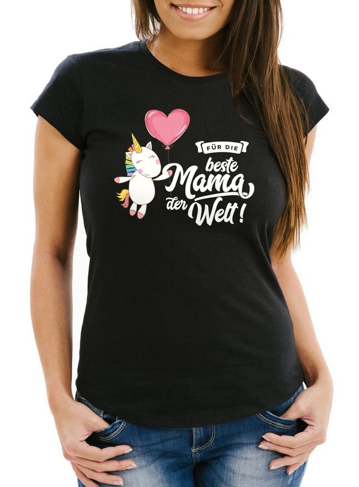 MoonWorks Print-Shirt Damen T-Shirt Einhorn Muttertag Beste Mama der Welt Unicorn Mother`s Day Slim Fit Moonworks® mit Print von MoonWorks