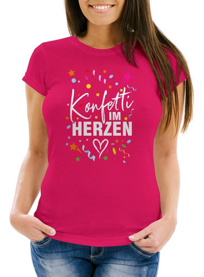 MoonWorks Print-Shirt Damen T-Shirt Fasching Karneval Konfetti im Herzen Kostüm-Ersatz Verkl mit Print von MoonWorks